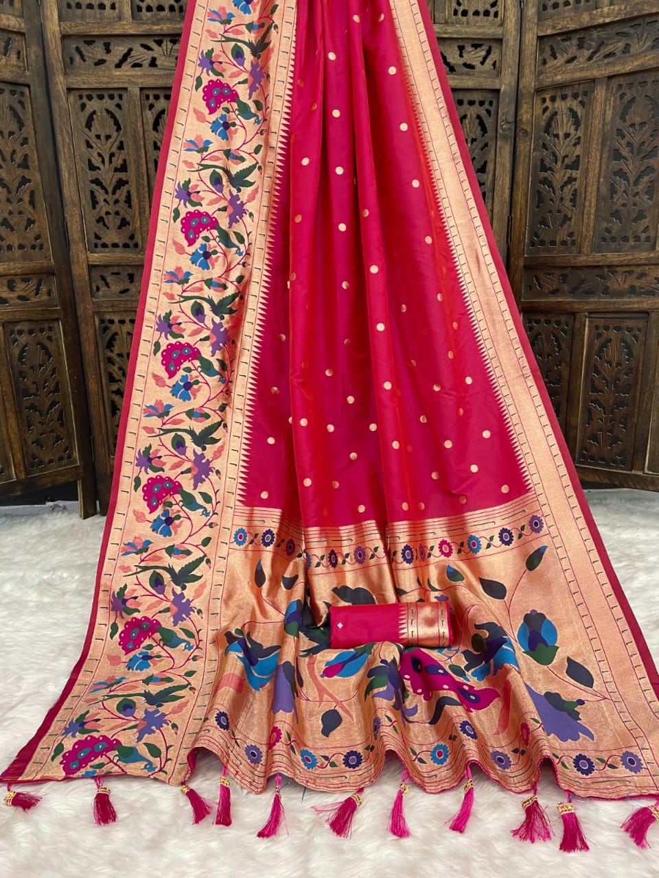 Vibrant Rani Pink Soft Silk Saree with Heritage Meenakari Floral Border