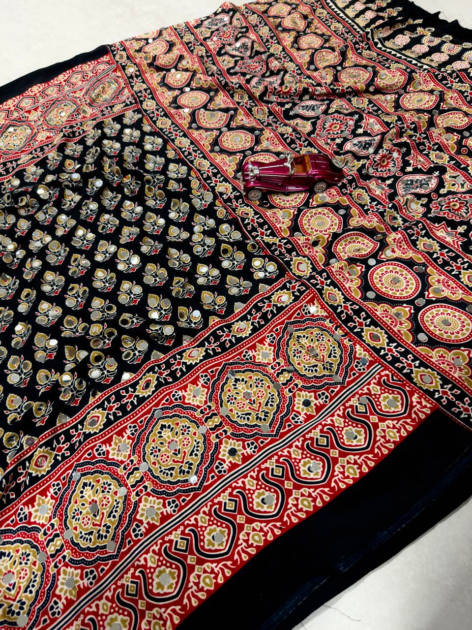 The Urban Artisan Deep Charcoal Ajrakh Block-Print Satin Saree