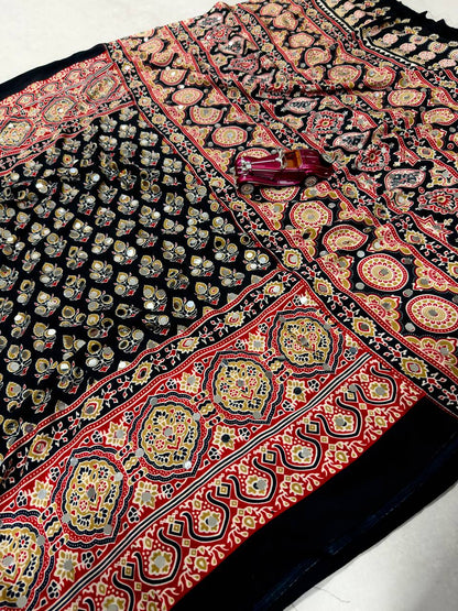 The Urban Artisan Deep Charcoal Ajrakh Block-Print Satin Saree