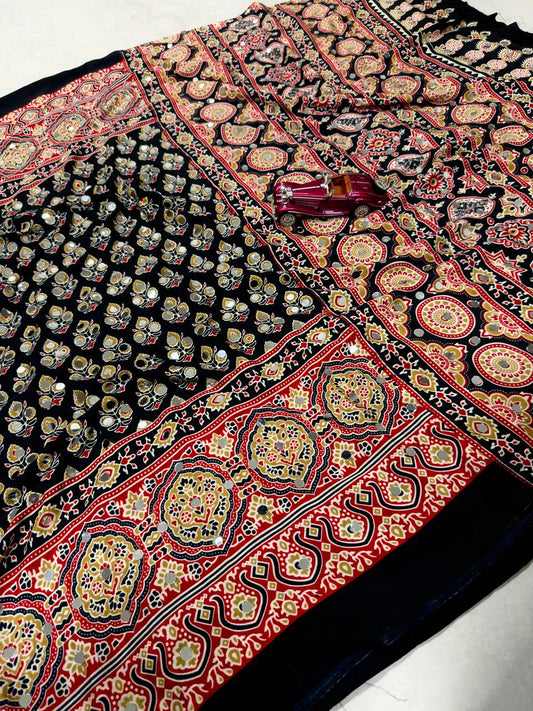 Festive Premium Ajrakh Print Soft Satin Silk Saree with Real Mirror Work