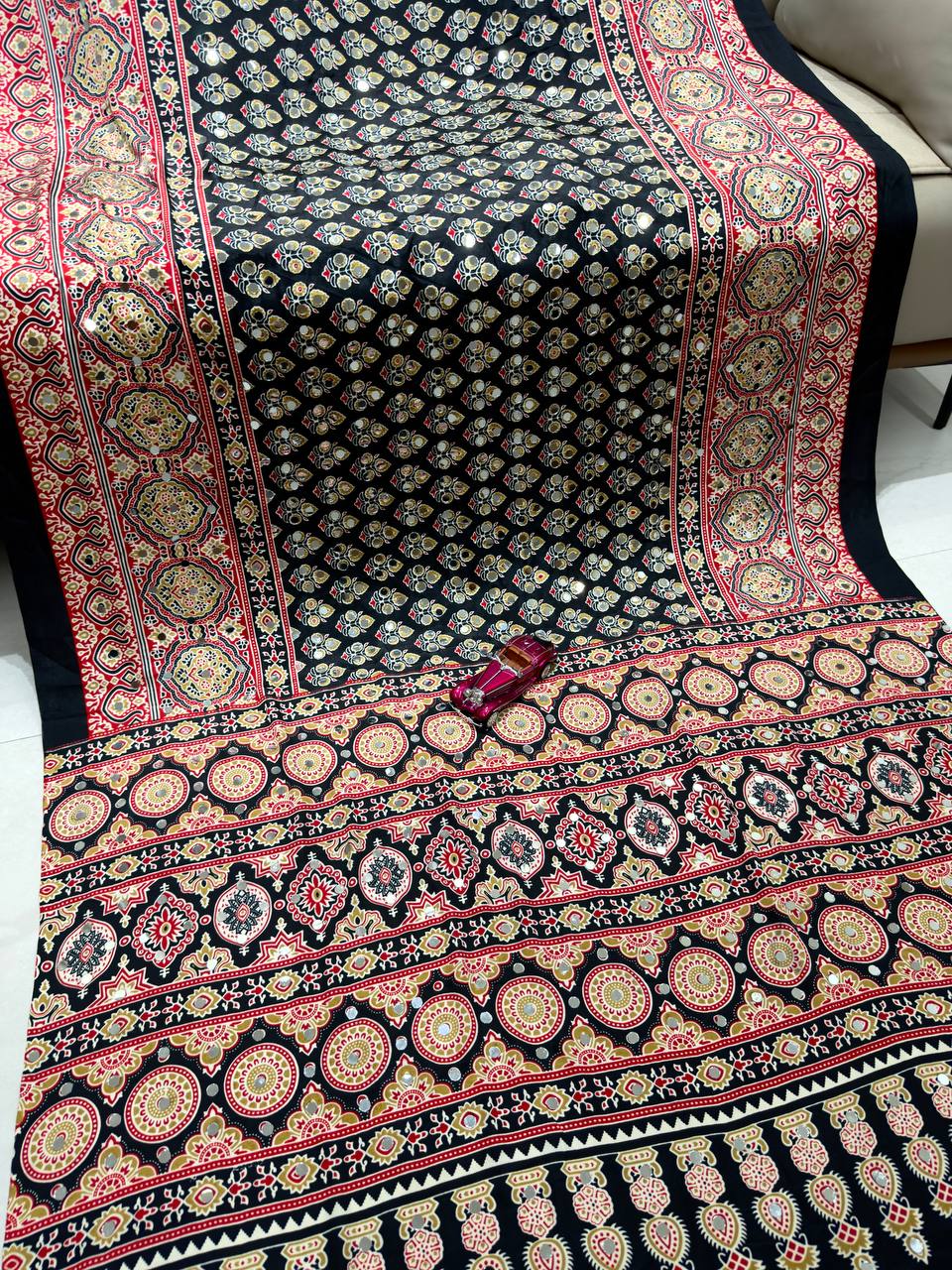 The Urban Artisan Deep Charcoal Ajrakh Block-Print Satin Saree