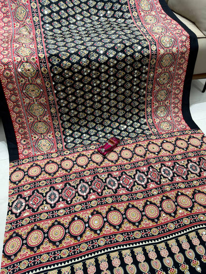 The Urban Artisan Deep Charcoal Ajrakh Block-Print Satin Saree