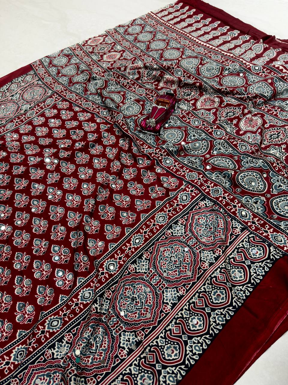 The Boho Ethnic Queen  Crimson Ajrakh Printed Silk Saree with Mirror Work