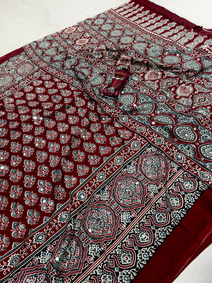 The Boho Ethnic Queen  Crimson Ajrakh Printed Silk Saree with Mirror Work