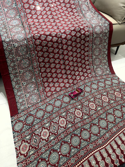 The Boho Ethnic Queen  Crimson Ajrakh Printed Silk Saree with Mirror Work