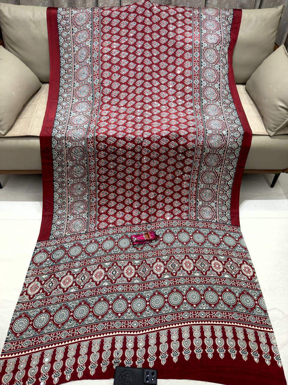 The Boho Ethnic Queen  Crimson Ajrakh Printed Silk Saree with Mirror Work