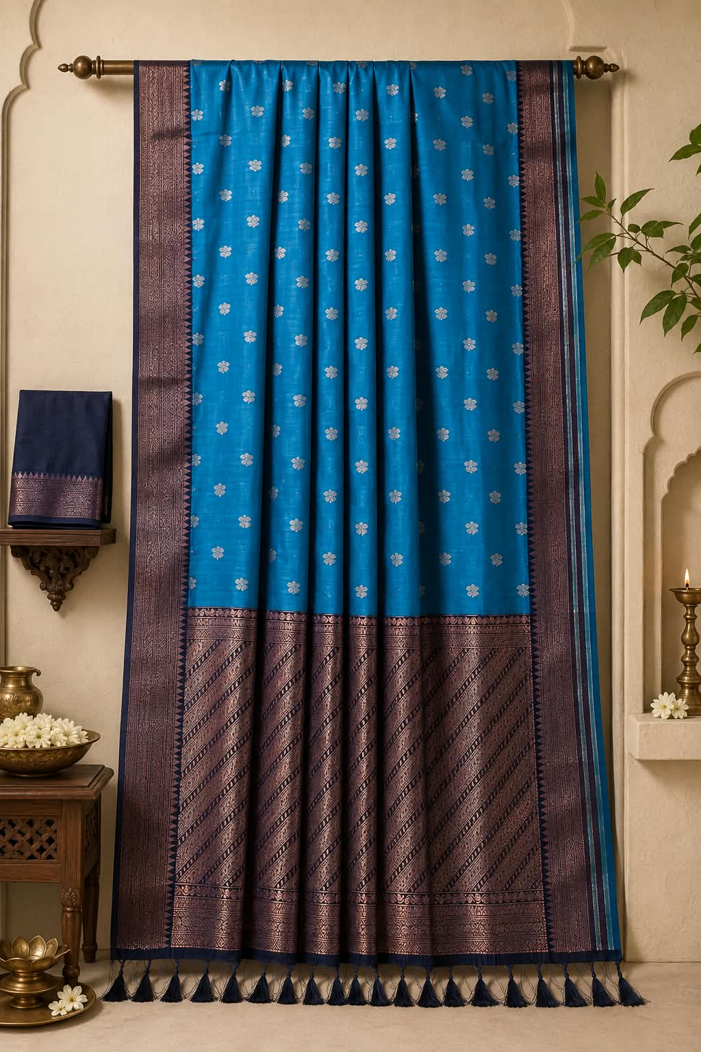 Bridal Wedding Saree with Traditional Gold Zari Brocade Borders and Heavy Weaving Pallu
