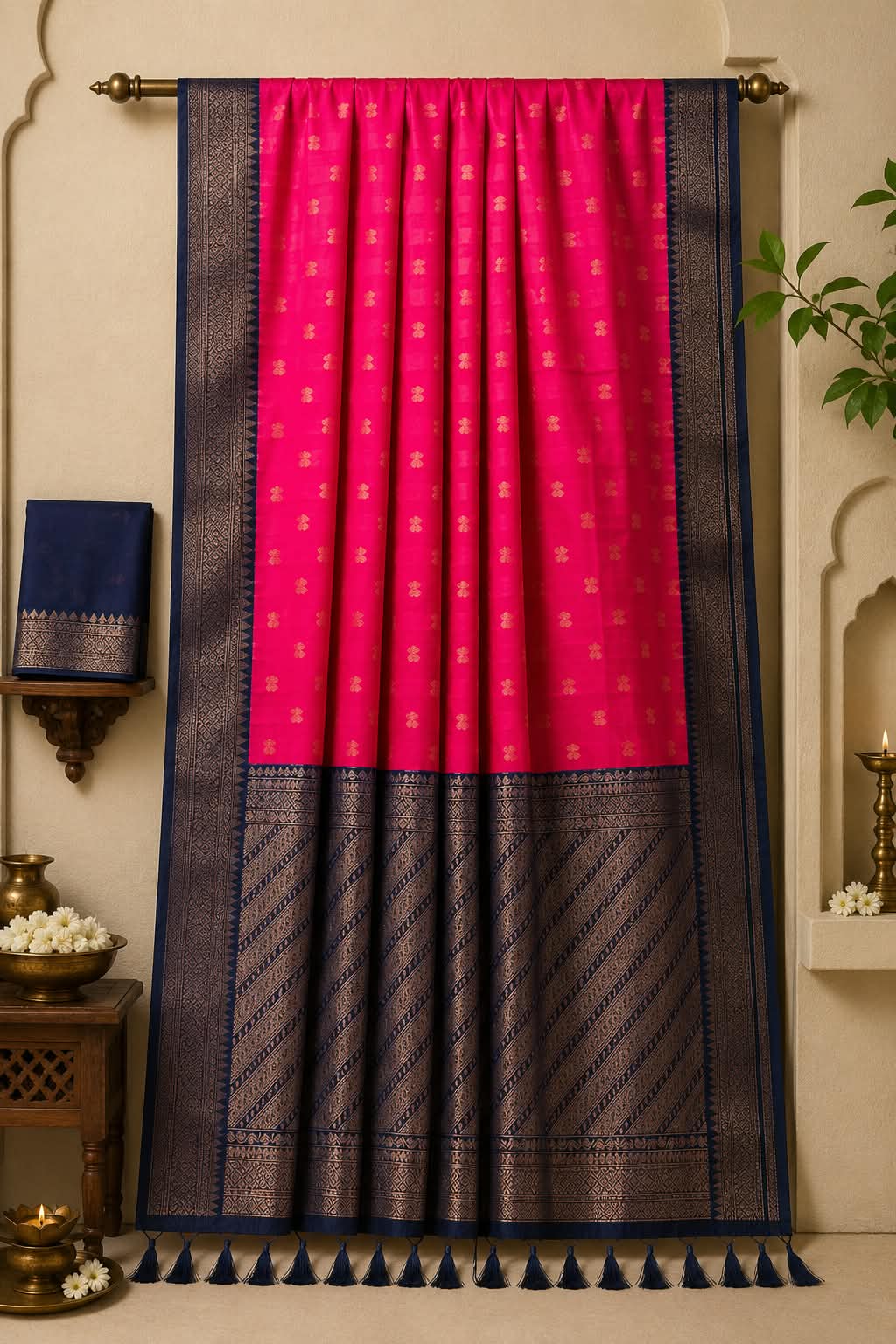 Vibrant Fuchsia Pink & Indigo Blue Kanchipuram Silk Festive Saree