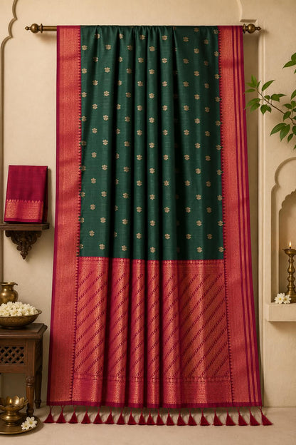 Dark Emerald Green Kanjivaram Pattu Saree with Magenta Pink Border