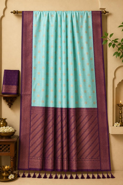 Sea Green & Deep Aubergine Pure Kanchipuram Silk Bridal Saree