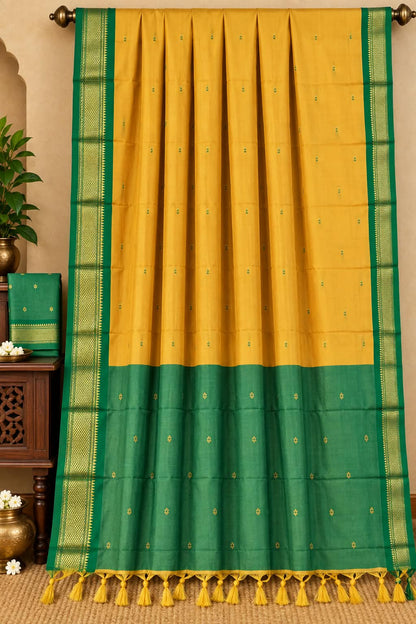 Regal Haldi Yellow & Forest Green Handwoven Silk Cotton Saree with Geometric Zari Border