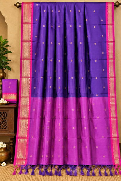 Regal Violet & Magenta Handwoven Silk Cotton Saree with Traditional Temple Zari Border