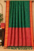 Traditional Handloom Bottle Green Kalyani Cotton Silk Saree with Crimson Red Zari Border