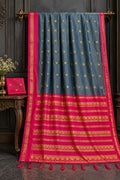 Textured Slate Grey and Festive Magenta Handloom Cotton Saree