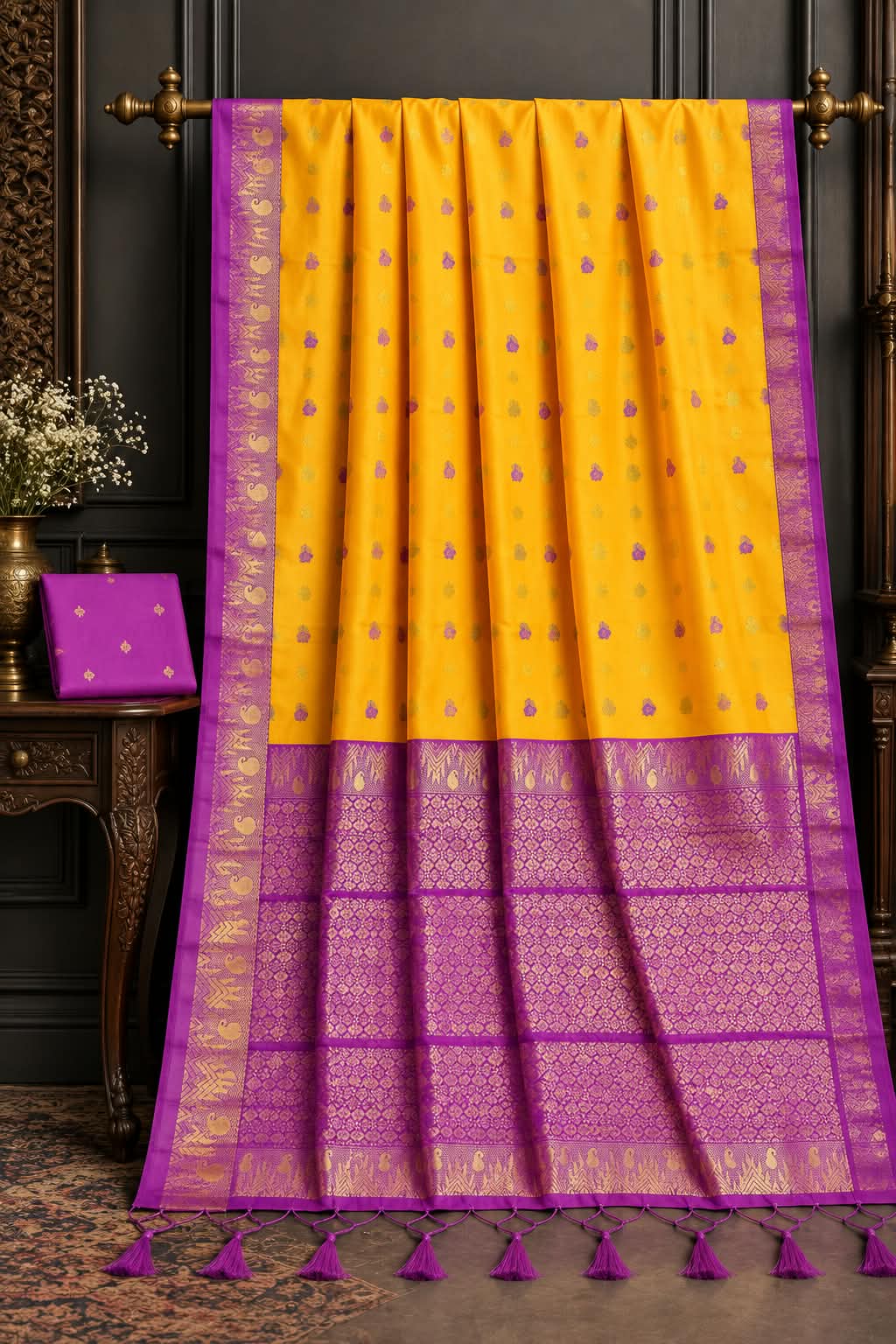 Traditional Canary Yellow and Imperial Purple Cotton Saree