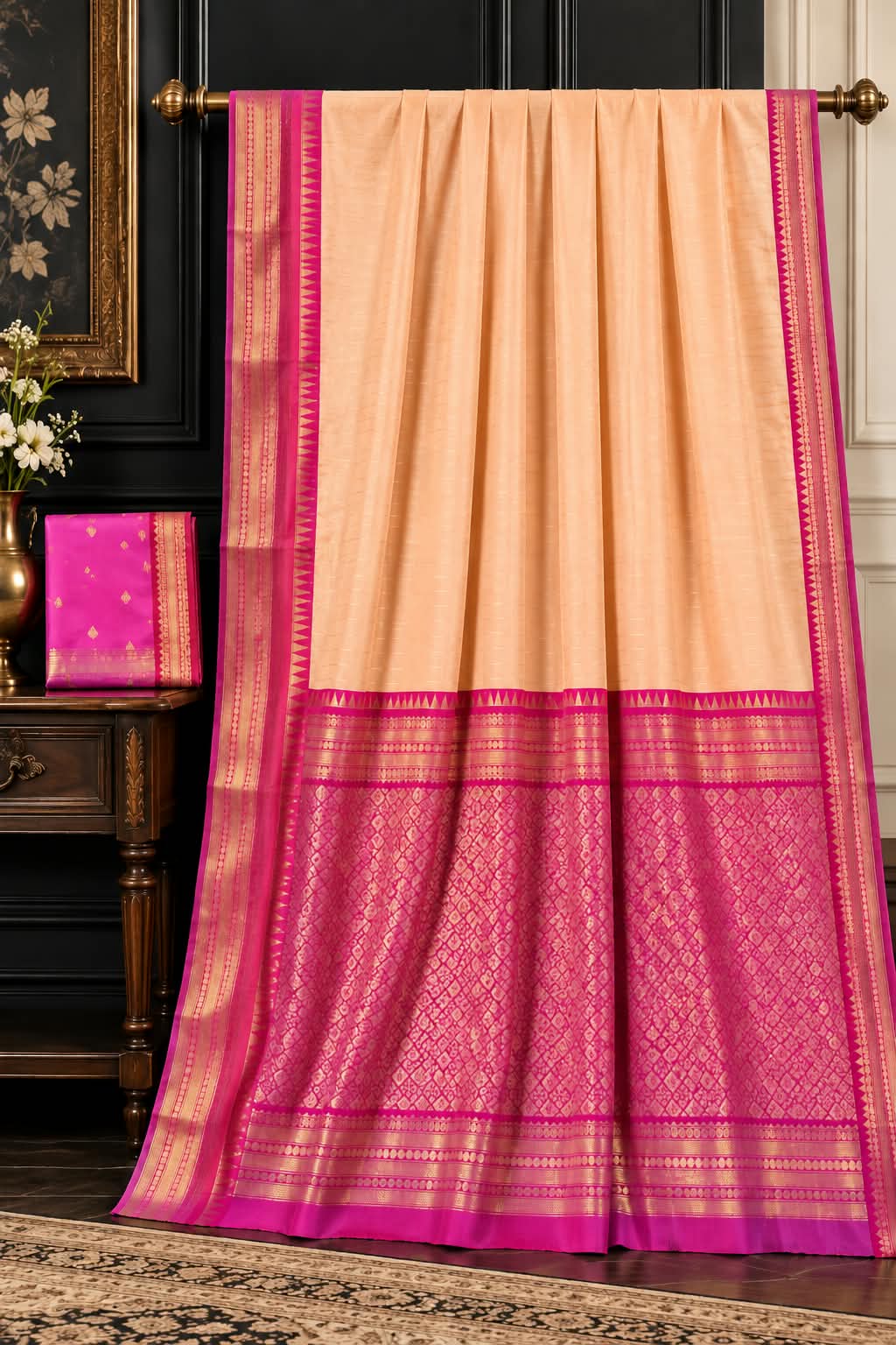 Pastel Cream Banarasi Cotton Saree with Majestic Magenta Zari Skirt Border