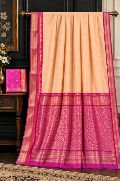 Pastel Cream Banarasi Cotton Saree with Majestic Magenta Zari Skirt Border