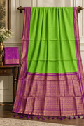 Parrot Green Handloom Gadwal Sico Saree with Contrast Magenta Purple Zari Pallu