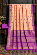 Peach & Royal Purple Contrast Handloom Gadwal Cotton Silk Saree