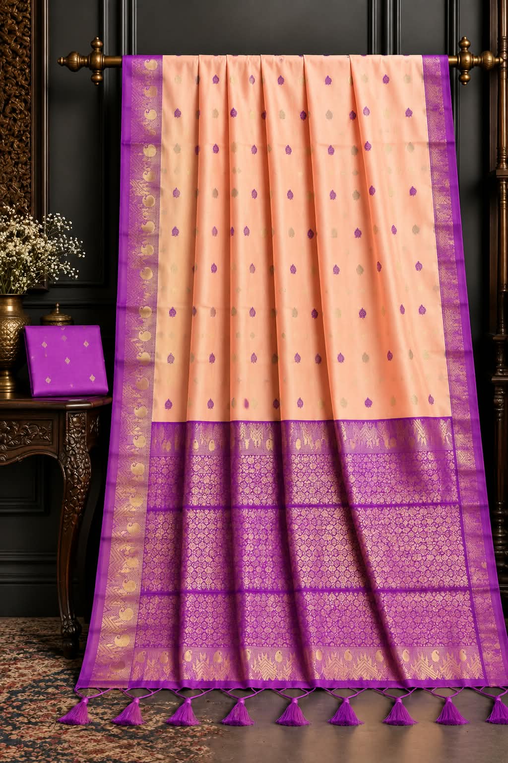 Peach & Royal Purple Contrast Handloom Gadwal Cotton Silk Saree