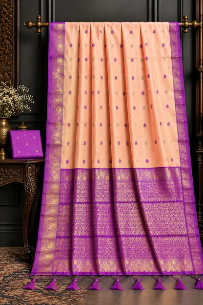 Peach & Royal Purple Contrast Handloom Gadwal Cotton Silk Saree