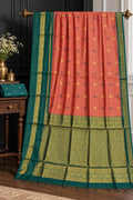 Dual-Tone Coral and Deep Teal Geometric Zari Woven Saree