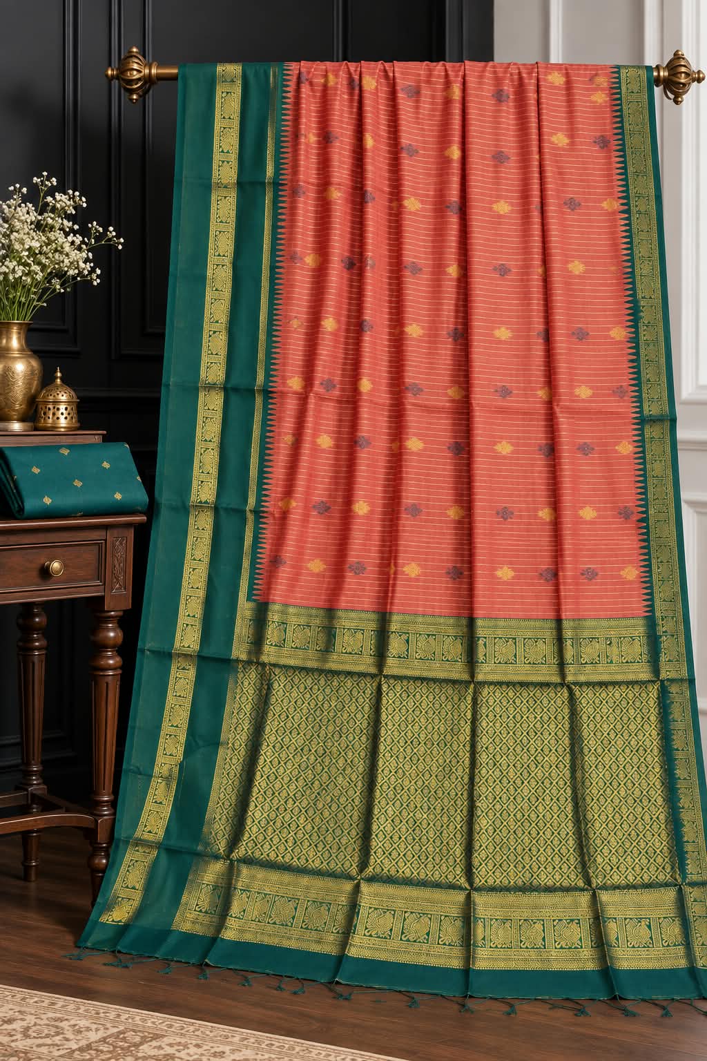 Dual-Tone Coral and Deep Teal Geometric Zari Woven Saree