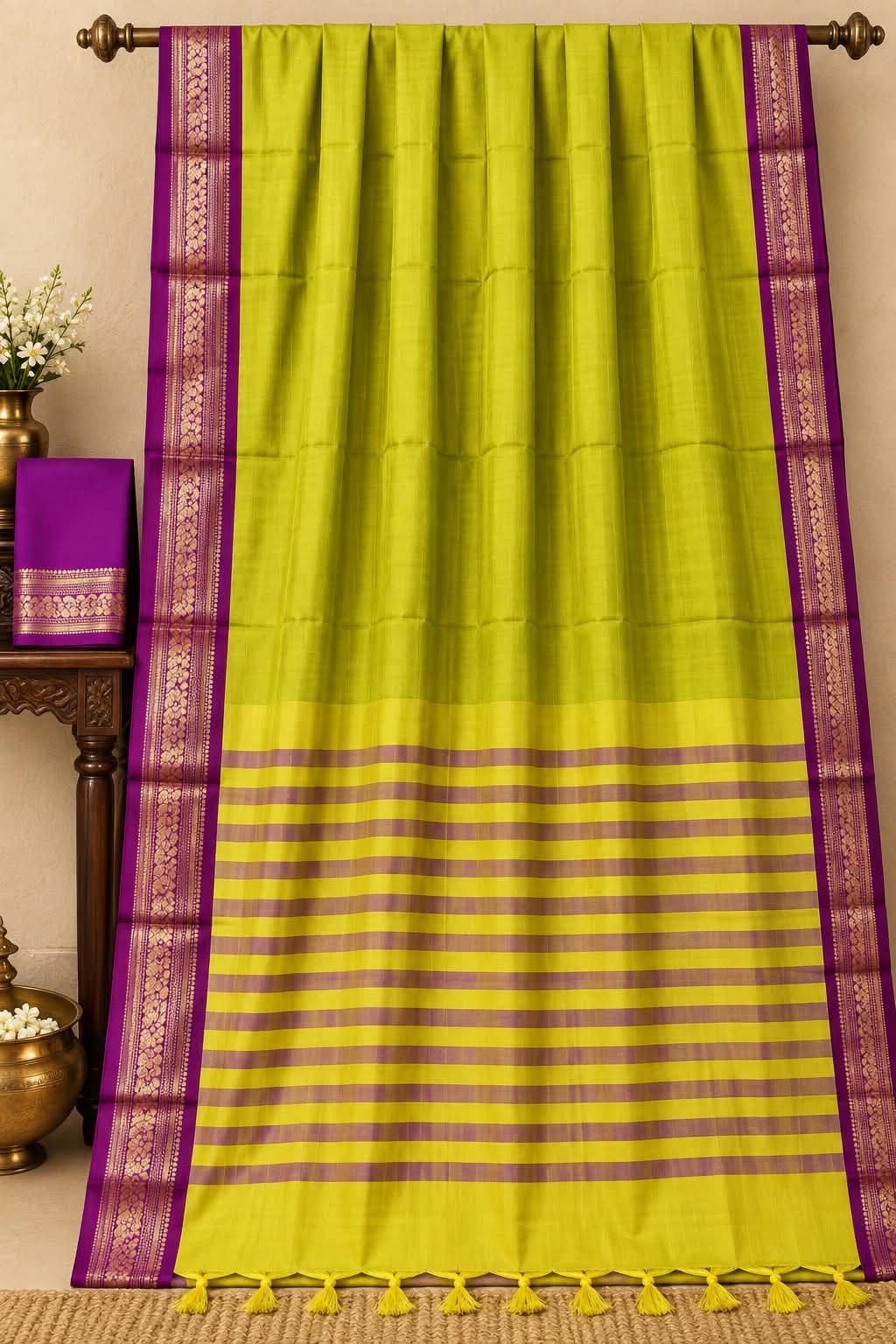 Make a Bold Statement with the Lime Luminescence Cotton Silk Saree