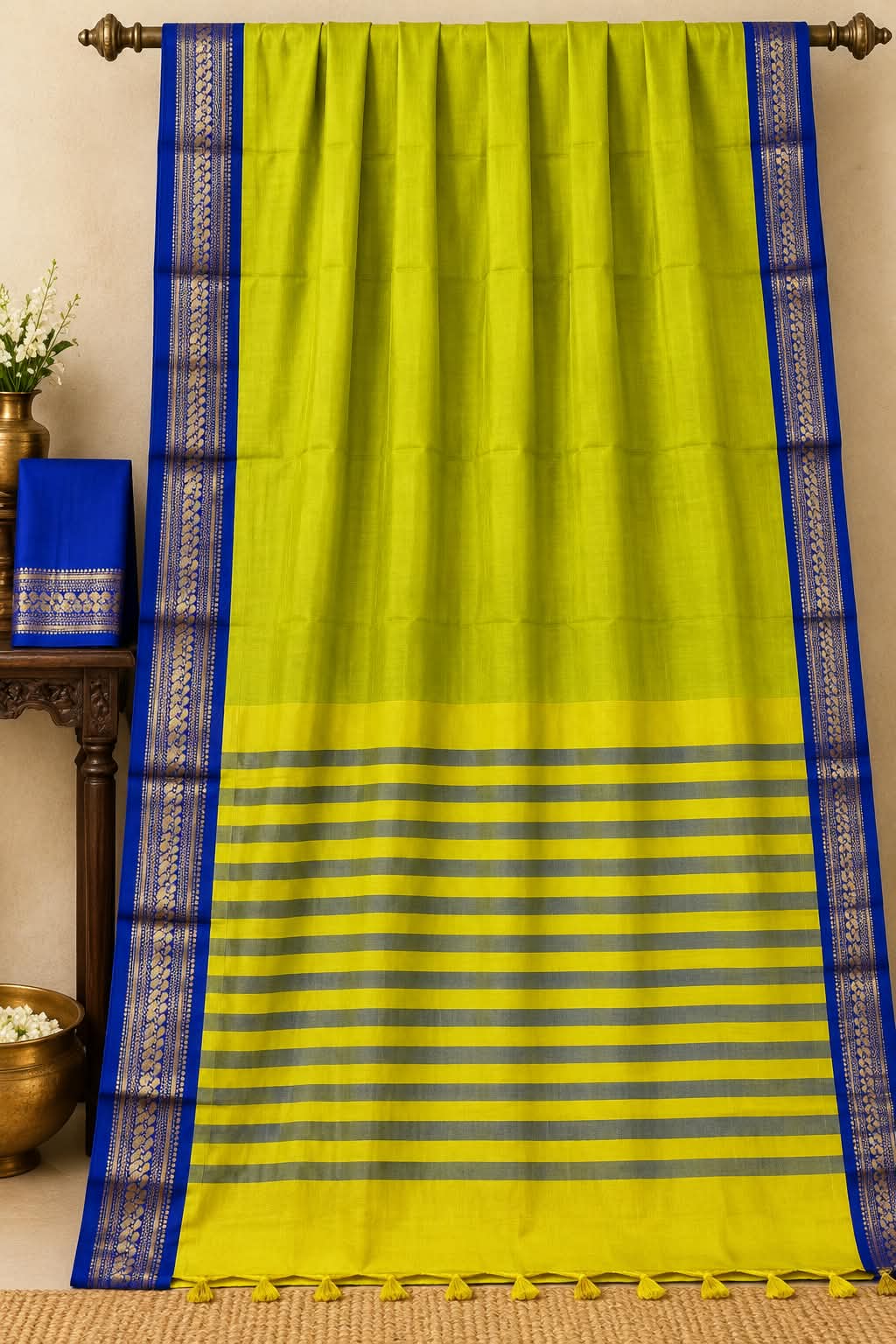 Captivate the Room with the Azure Citron Cotton Silk Saree