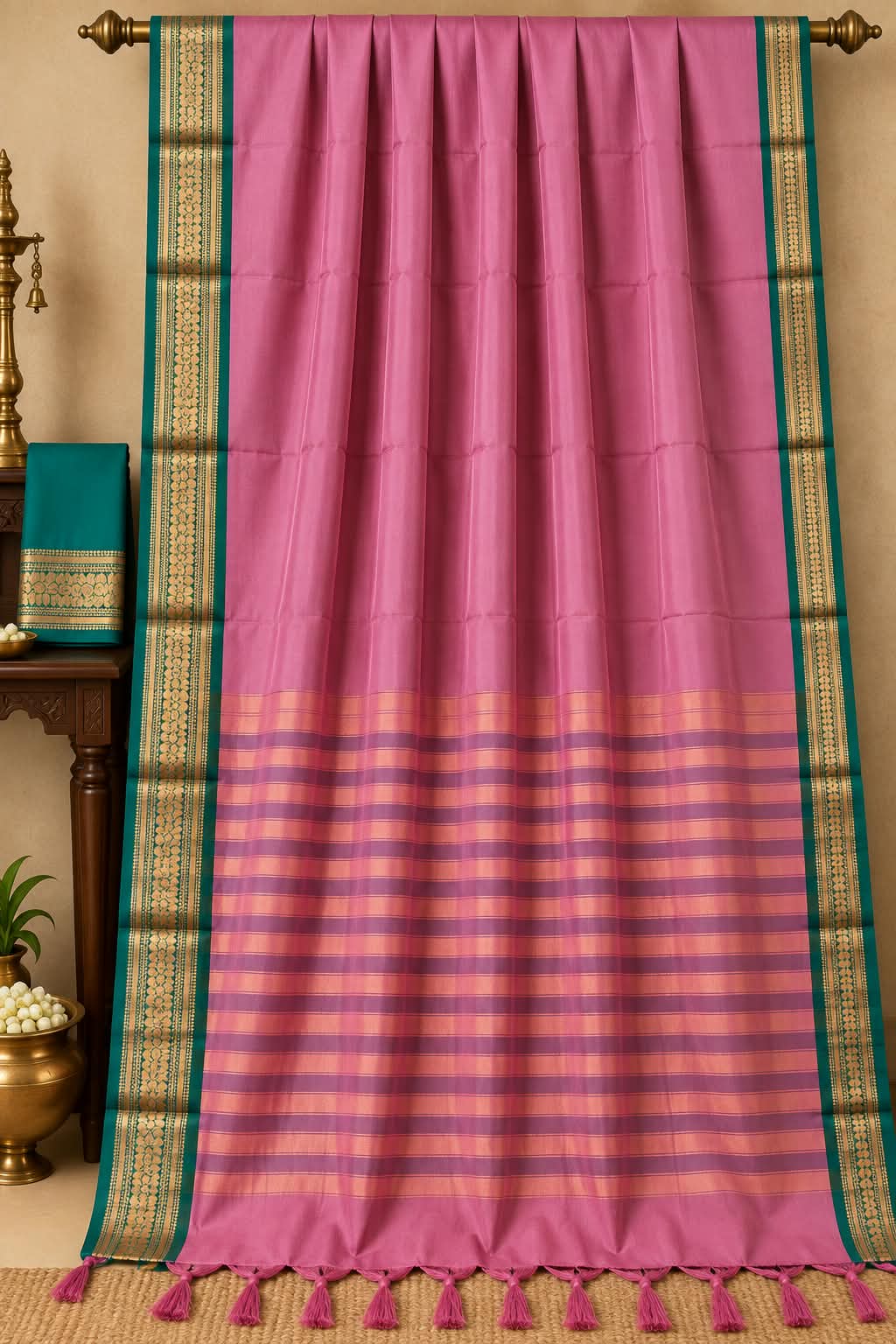 Blush & Seafoam Elegance Soft Dusty Pink Cotton Silk Saree with Woven Emerald Borders