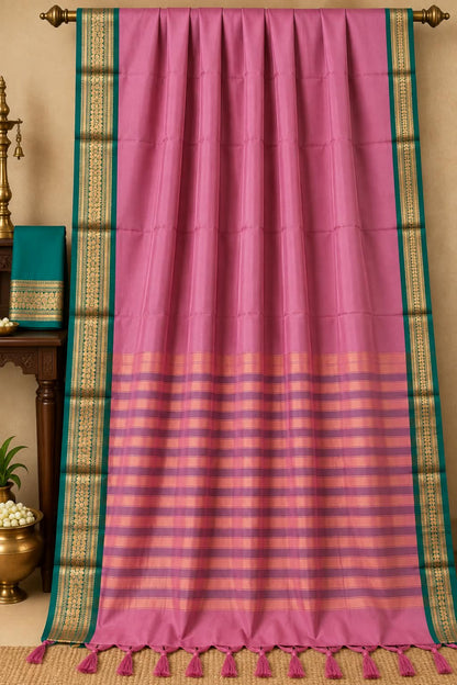 Blush & Seafoam Elegance Soft Dusty Pink Cotton Silk Saree with Woven Emerald Borders