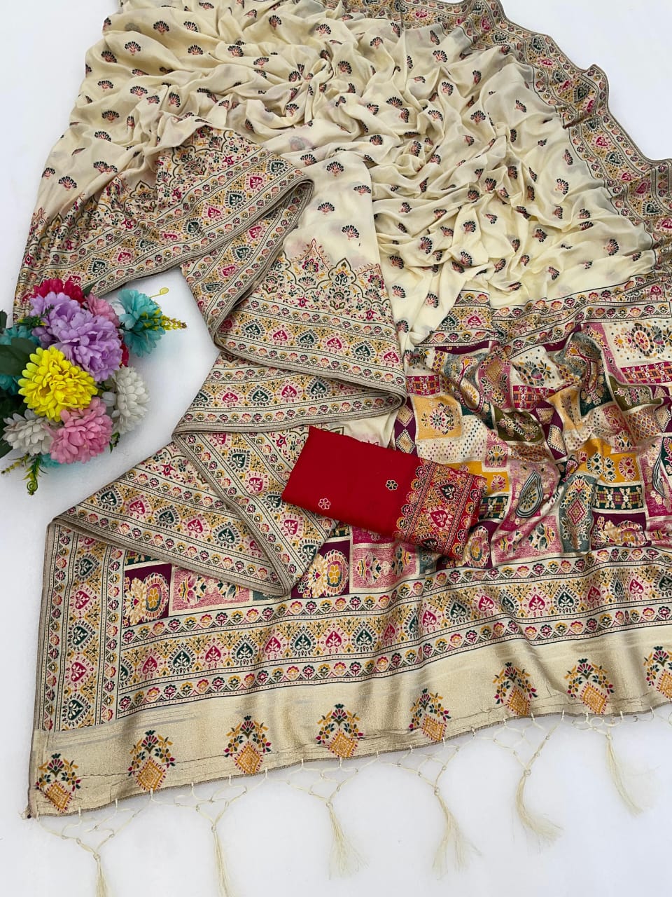 Luxury Cream Woven Silk Saree with Intricate Mosaic Kani Style