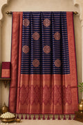 Deep Royal Blue and Wine Red Kanchipuram Style Brocade Wedding Silk Saree