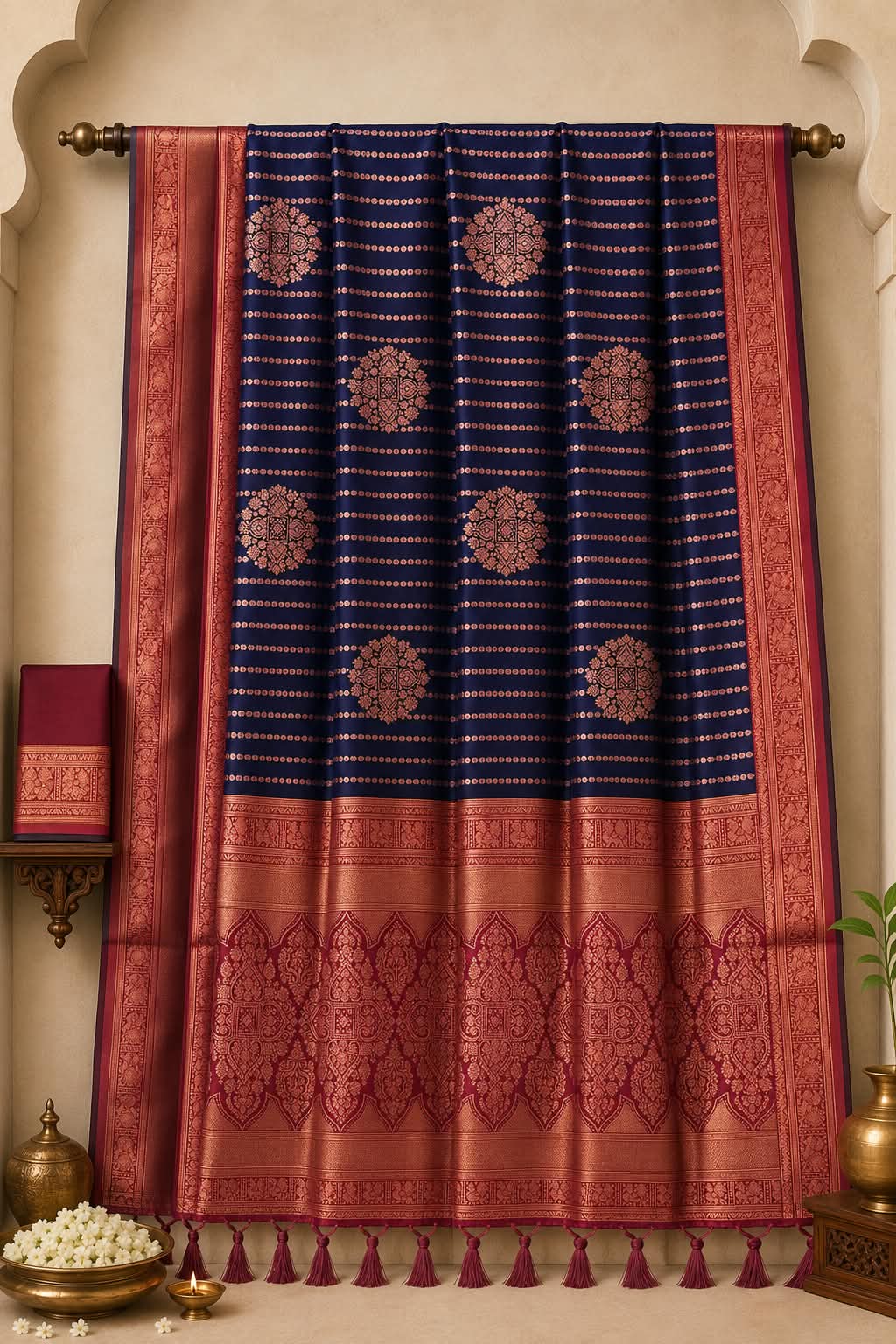 Deep Royal Blue and Wine Red Kanchipuram Style Brocade Wedding Silk Saree