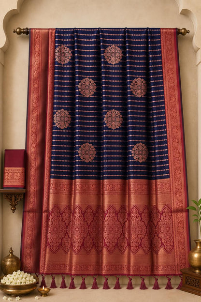 Deep Royal Blue and Wine Red Kanchipuram Style Brocade Wedding Silk Saree