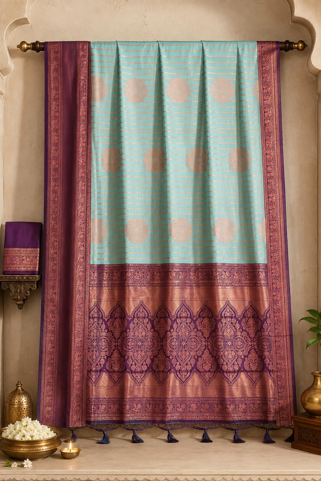 Oceanic Majesty Mint Turquoise Pure Silk Saree with Rich Mulberry Zari Border