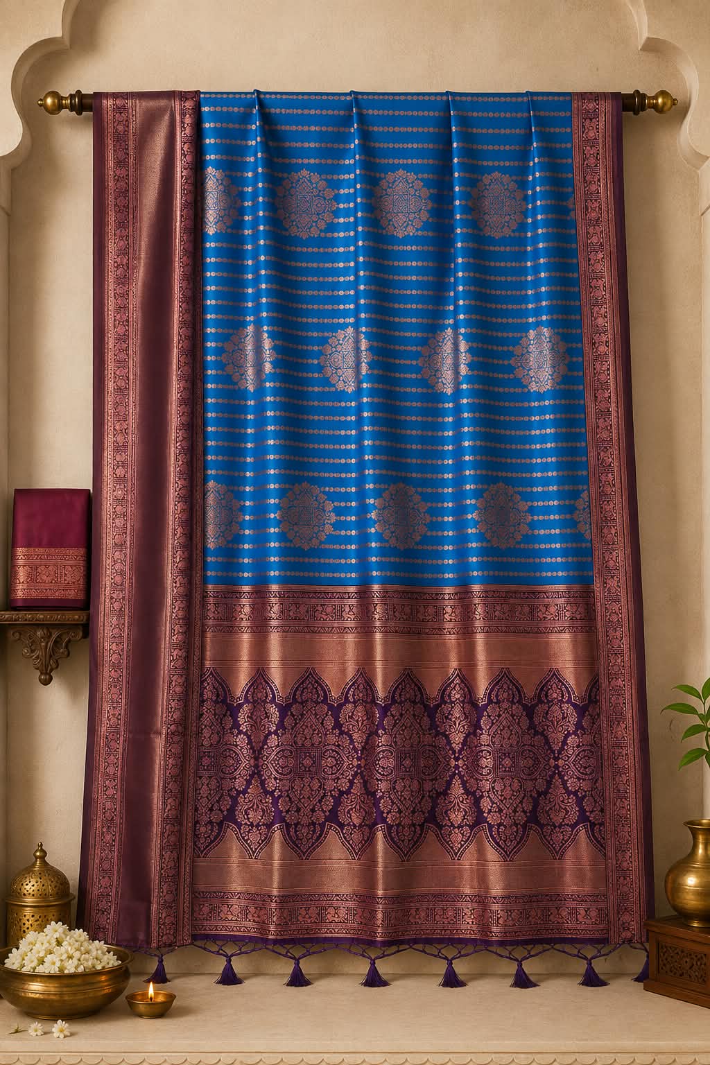 The Muhurtham Special Peacock Blue & Burgundy Woven Kanchipuram Bridal Saree
