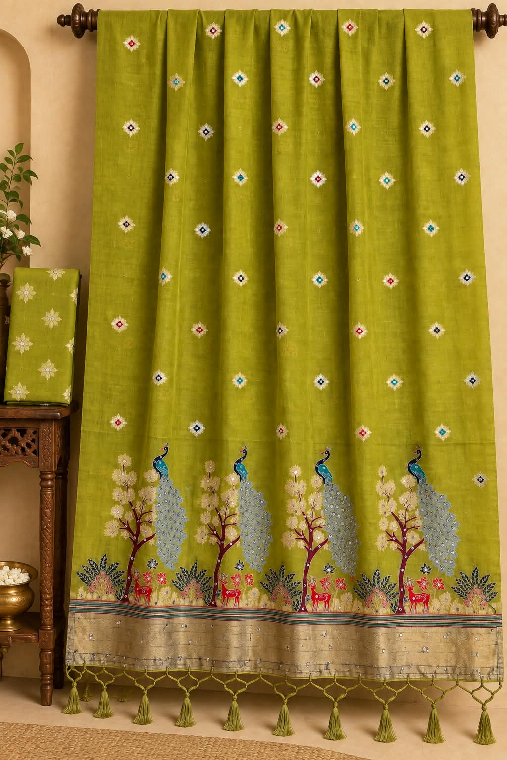 Pure Munga Cotton Silk Saree with Peacock and Tree Border Design