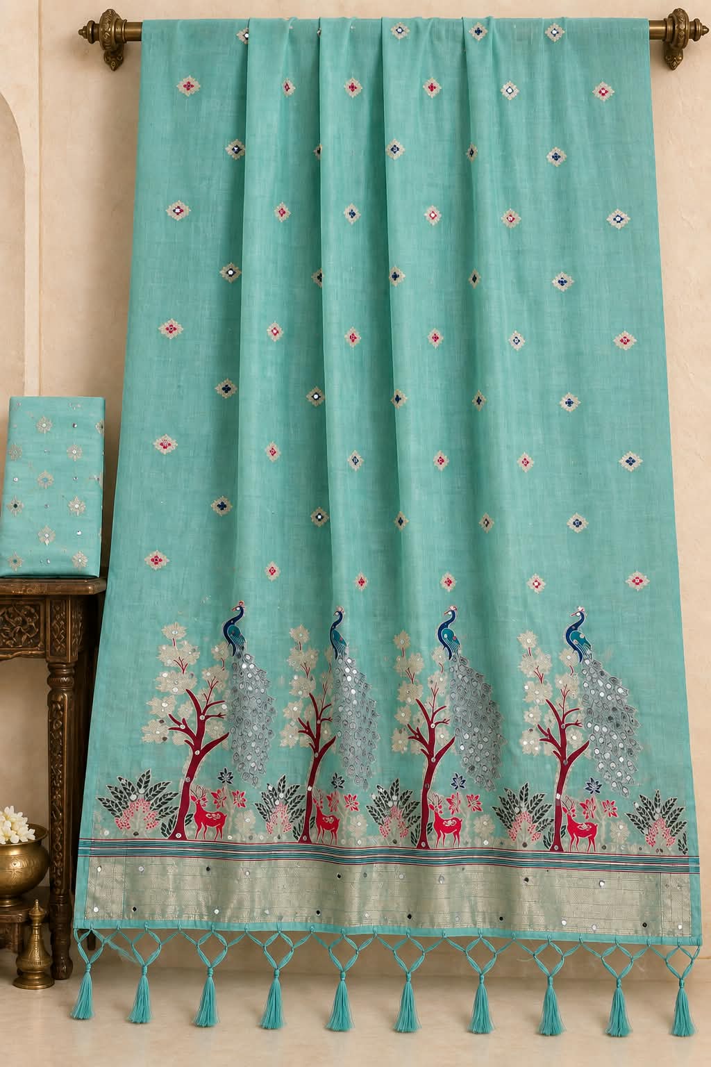Luxury Drape Featuring Heritage Nature Landscape and Hand-Knotted Tassel Fringe Pallu Saree