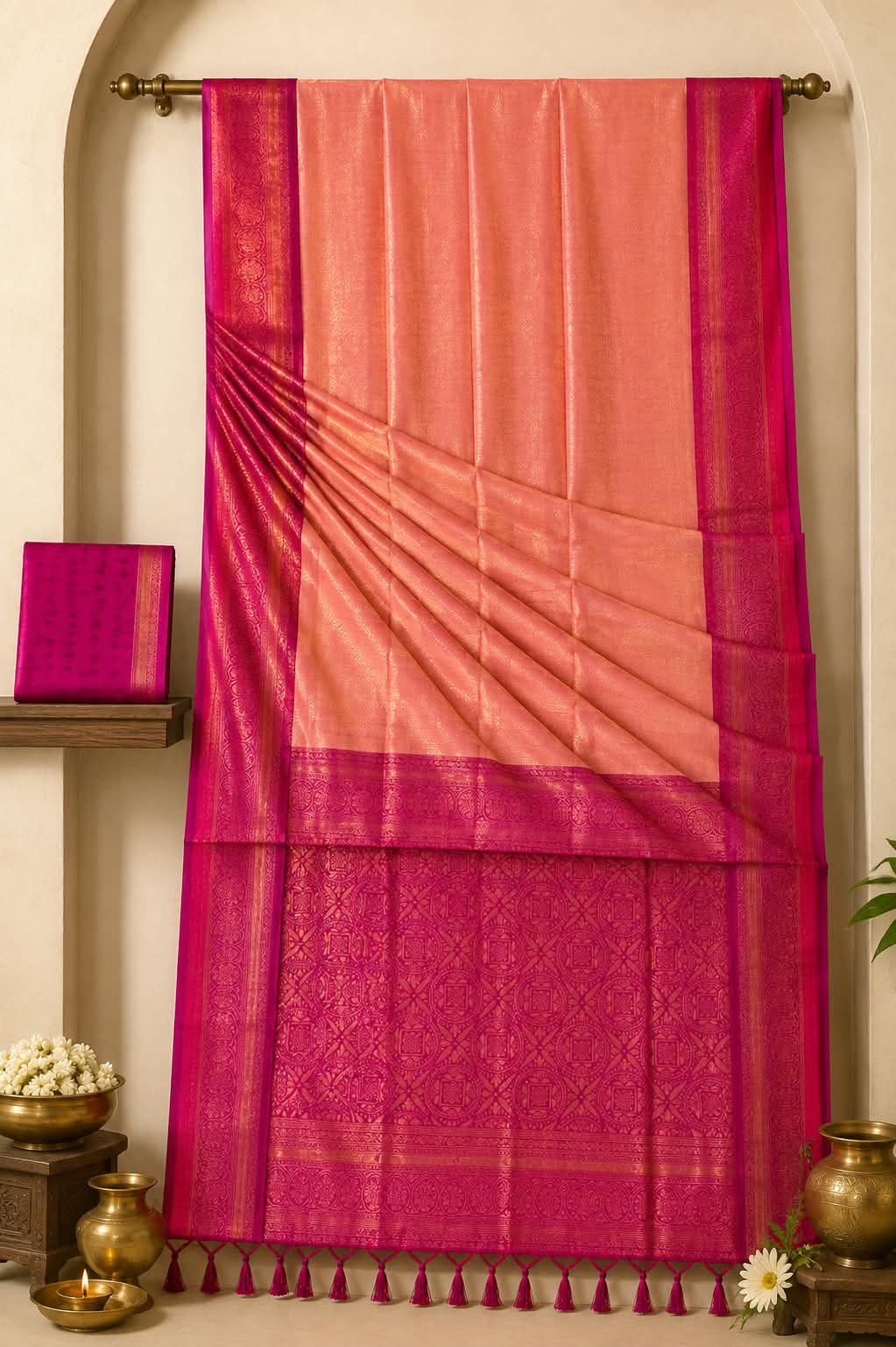 Premium Pastel Peach & Magenta Kanchipuram Silk Saree with Gold Zari Work