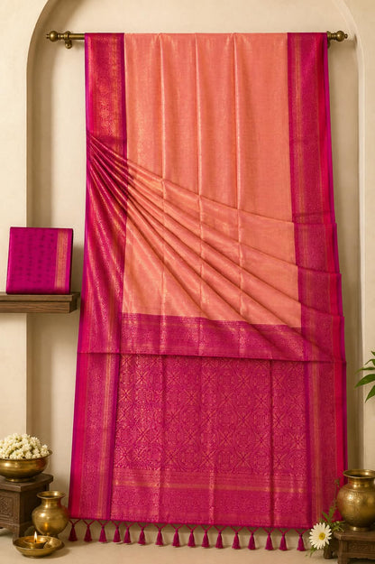 Premium Pastel Peach & Magenta Kanchipuram Silk Saree with Gold Zari Work
