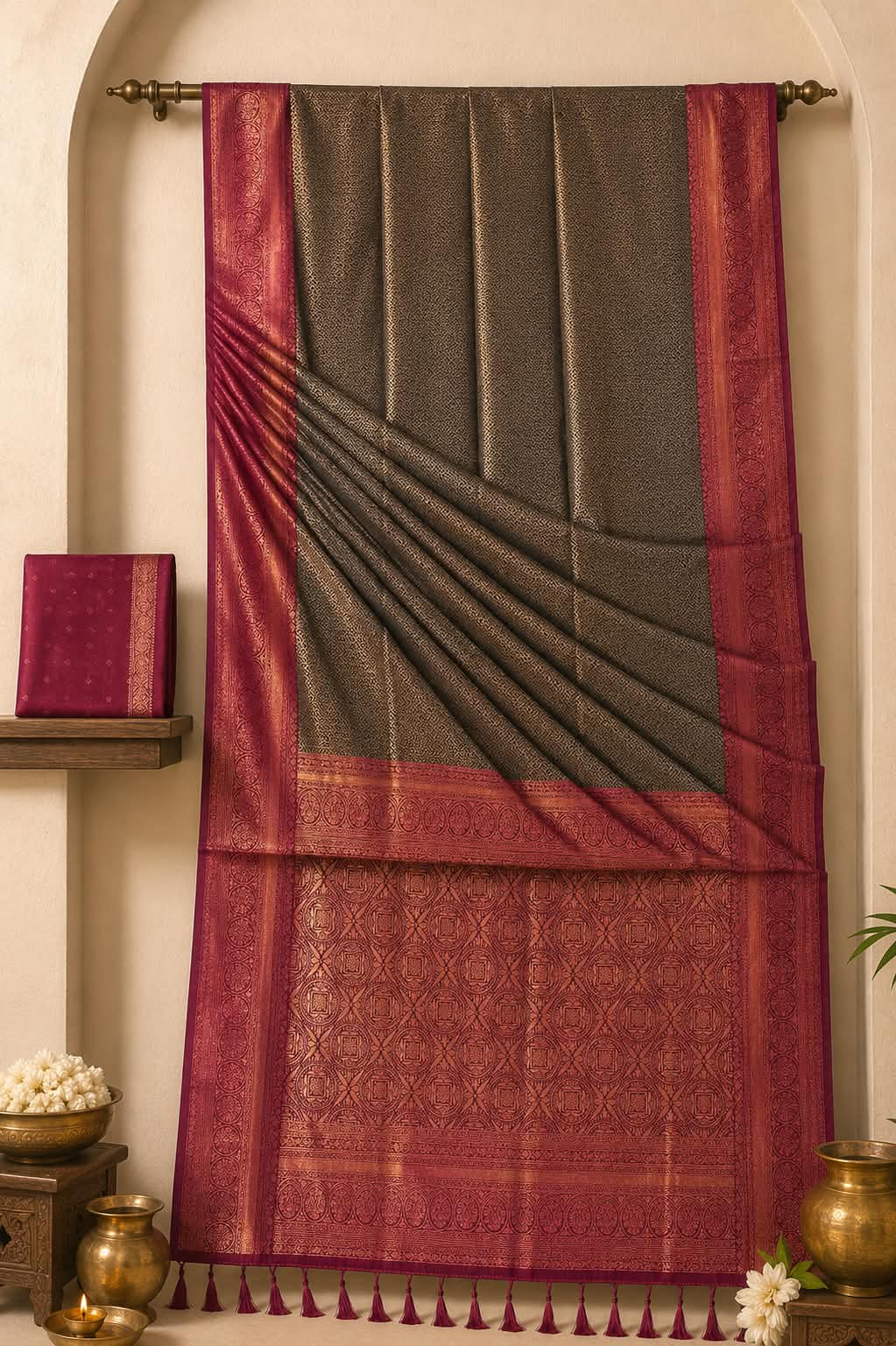 Charcoal Black Olive Kanjivaram Bridal Silk Saree with Rich Magenta Zari Pallu