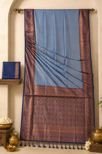 Premium Sky Blue Kanchipuram Silk Saree with Antique Brocade Work