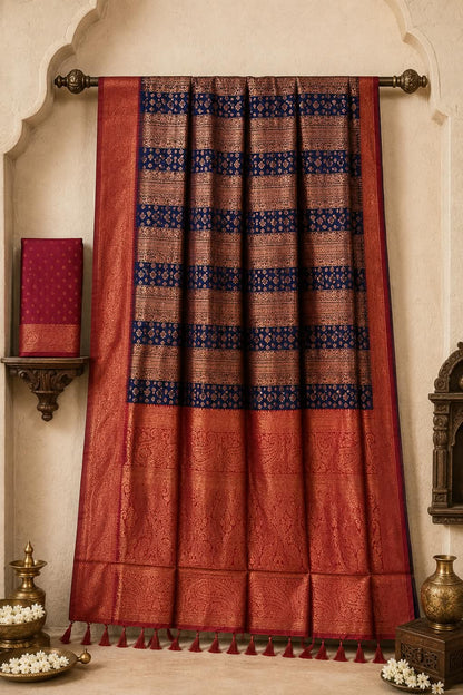 The Deep Dravidian Midnight and Kunkumam Crimson Korvai Silk Saree
