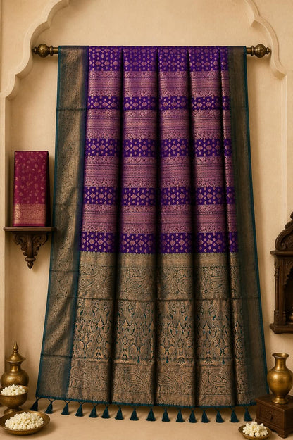 The Korvai Loom-Crafted Violet and Deep Petrol Green Kanchipuram Saree