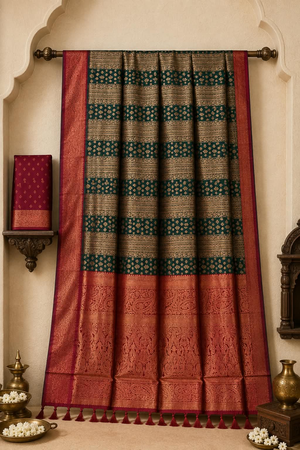 The Imperial Forest & Vermilion Kanchipuram Silk Ensemble Saree