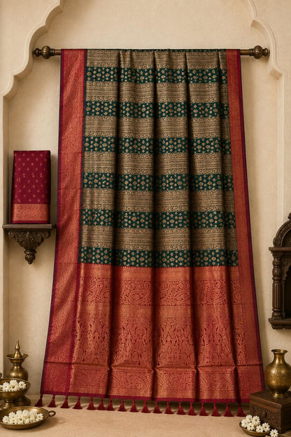 The Imperial Forest & Vermilion Kanchipuram Silk Ensemble Saree