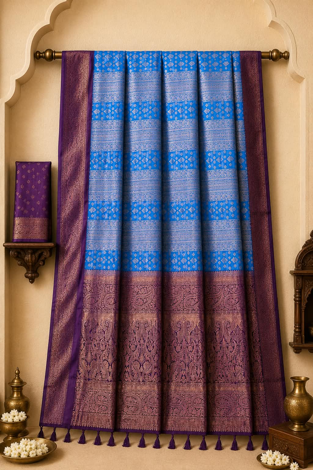 The Majestic Cobalt and Wine Imperial Zari Brocade South Indian Saree