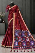The Wine Maroon Tale of Whimsical Rabbits Premium Cotton Saree