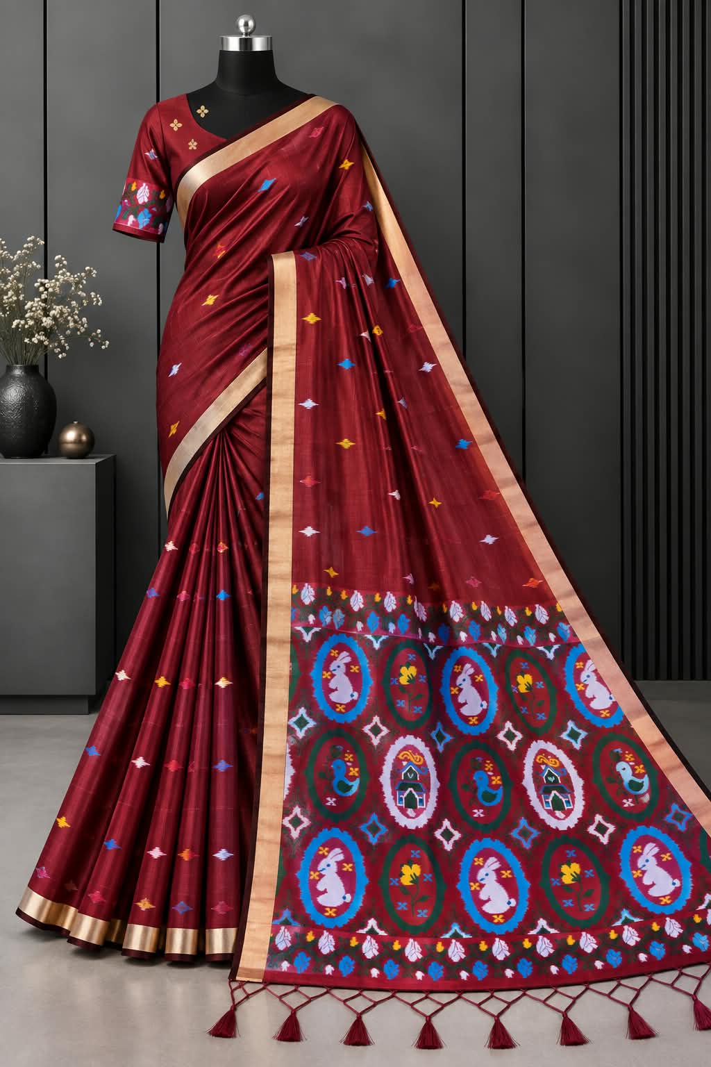 The Wine Maroon Tale of Whimsical Rabbits Premium Cotton Saree